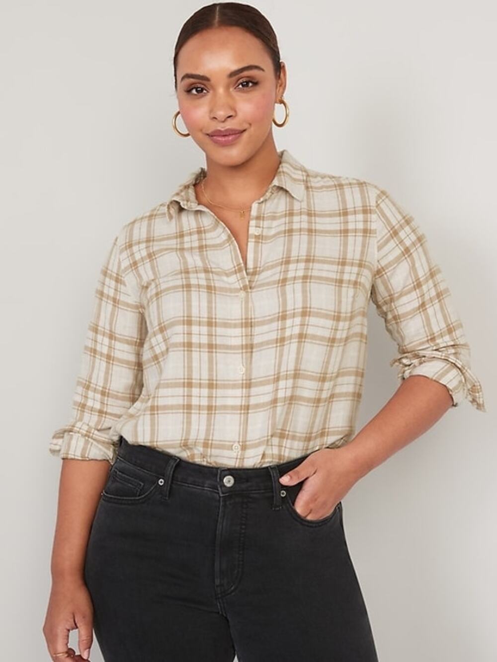 NWT Old Navy Women's Plaid Flannel Classic Button Up Shirt - Tan/Cream